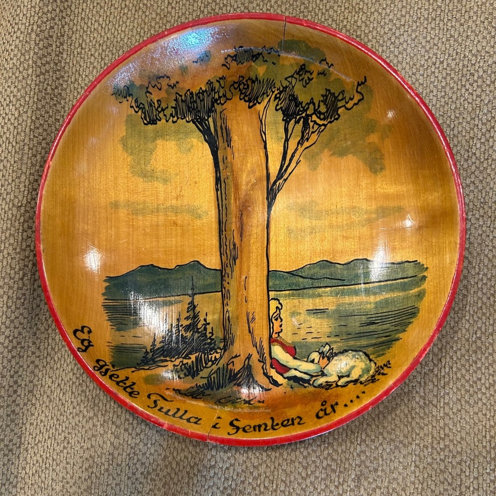 Vintage Norwegian Hand Painted Wood Folk Art Landscape Kitch Colorful READ!